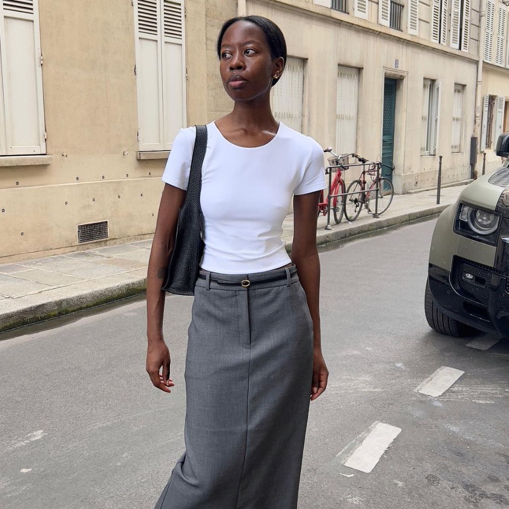 	
long skirt with sneakers outfit