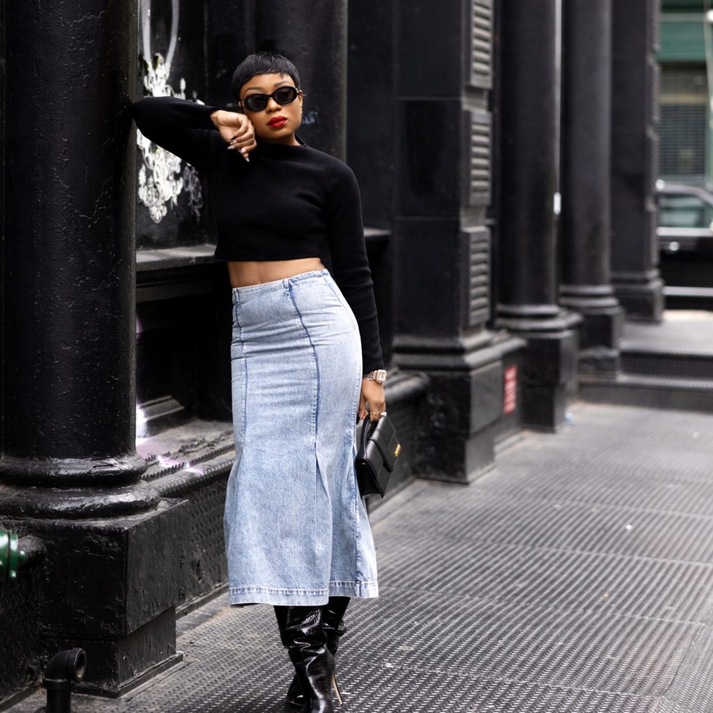 	
denim maxi skirt