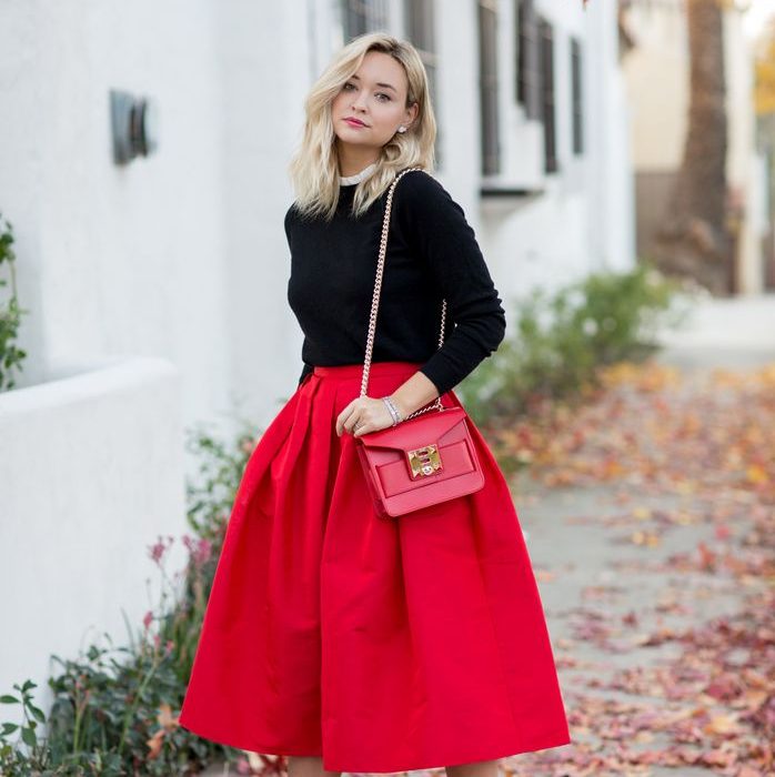 	
red midi skirt