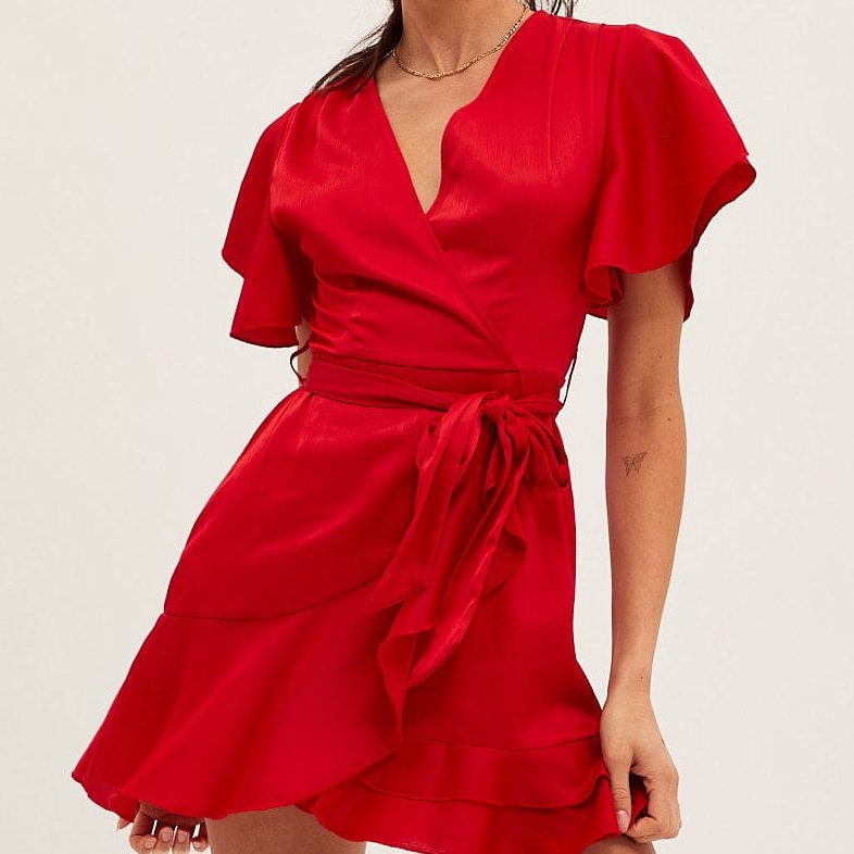 red satin wrap dress