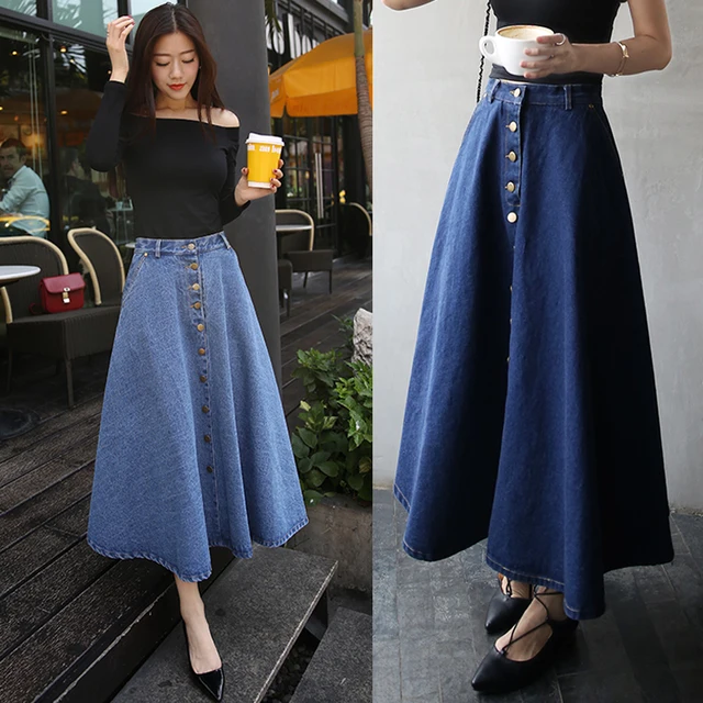 maxi denim skirt outfit