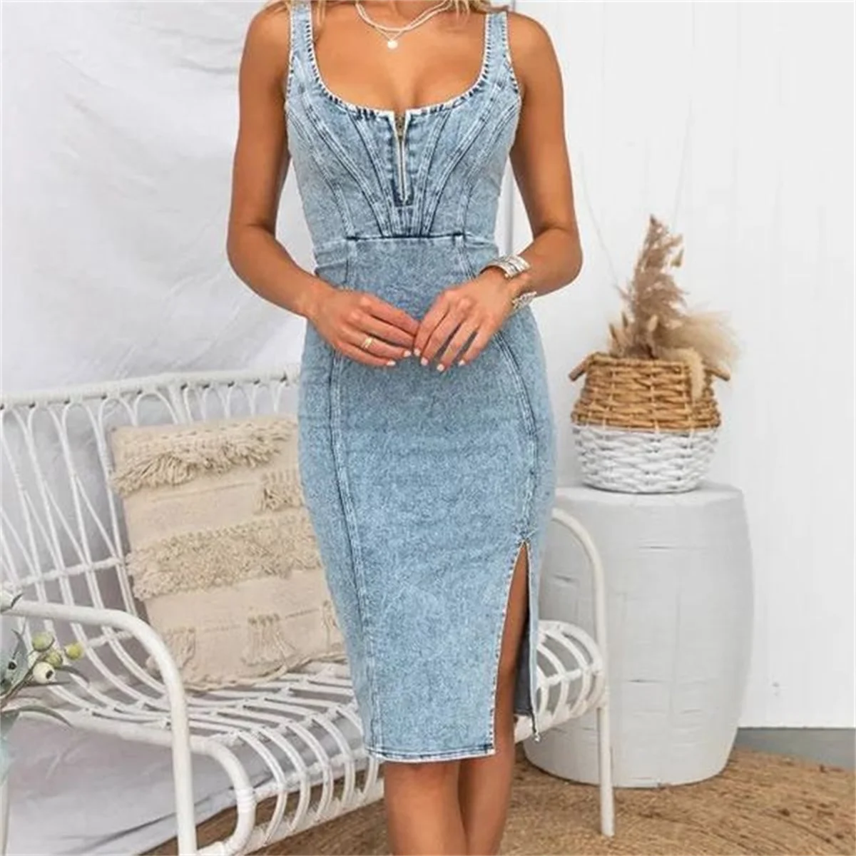 denim wrap dress