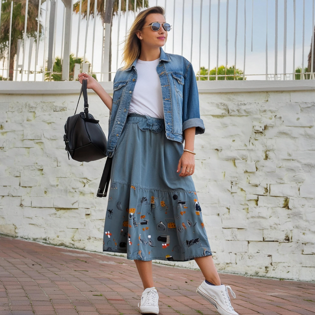 maxi denim skirt outfit